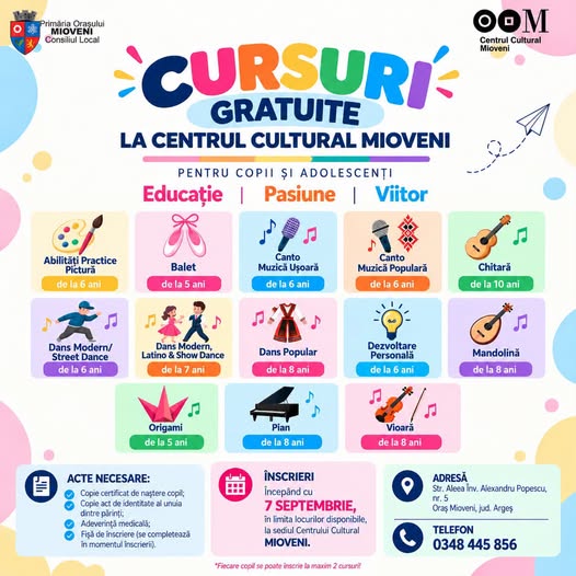 Cursuri gratuite la Centrul Cultural Mioveni!